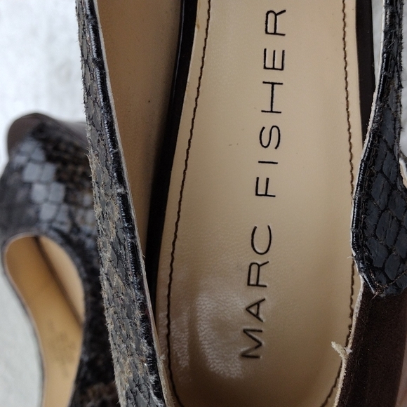 Marc Fisher Tumble Brown Suede Snakeskin Open Toe Slip On Stiletto High Heels - Picture 11 of 16